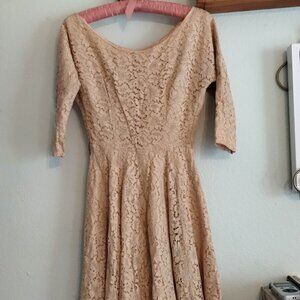 1950s Vintage Swing Dress Fit N Flare Tan Lace Circle Skirt